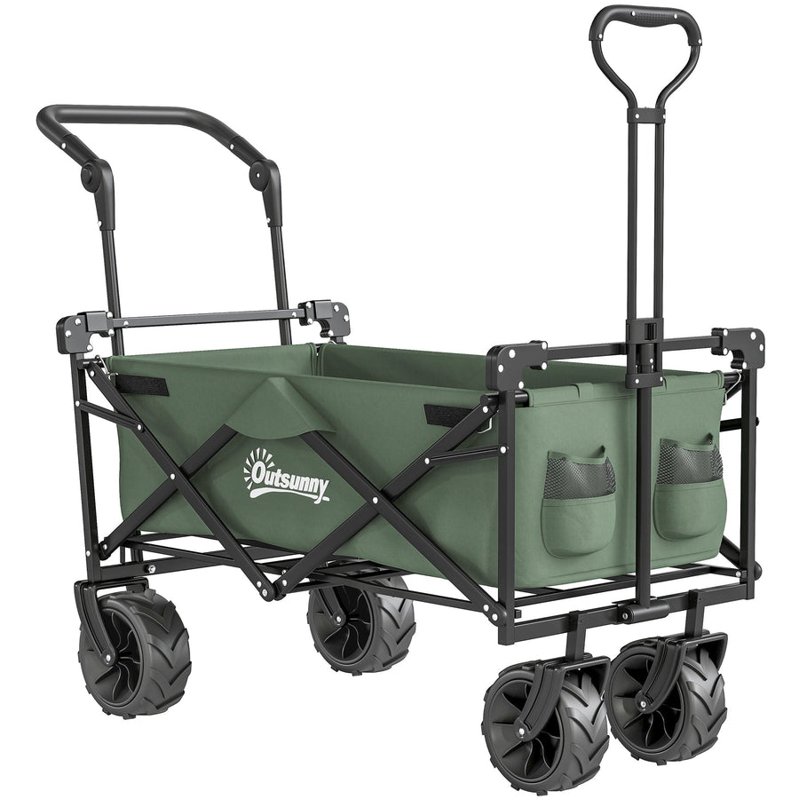 Outsunny Folding Trolley Cart Storage Wagon Beach Trailer 4 Wheels with Handle Overhead Canopy Cart Push Pull for Camping