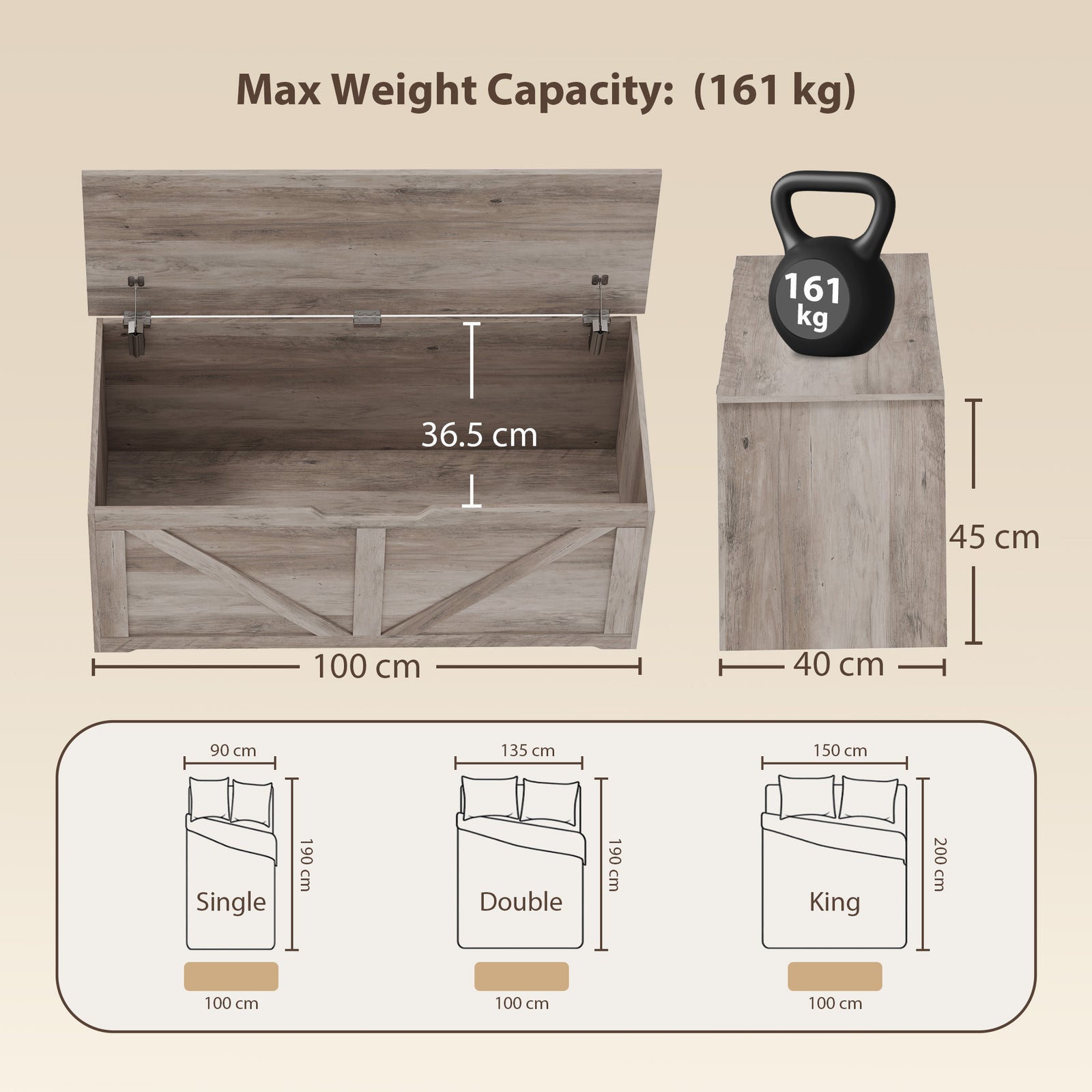 HOMCOM 127L Home Storage Box, with Safety Hinges - Grey Wood-Effect