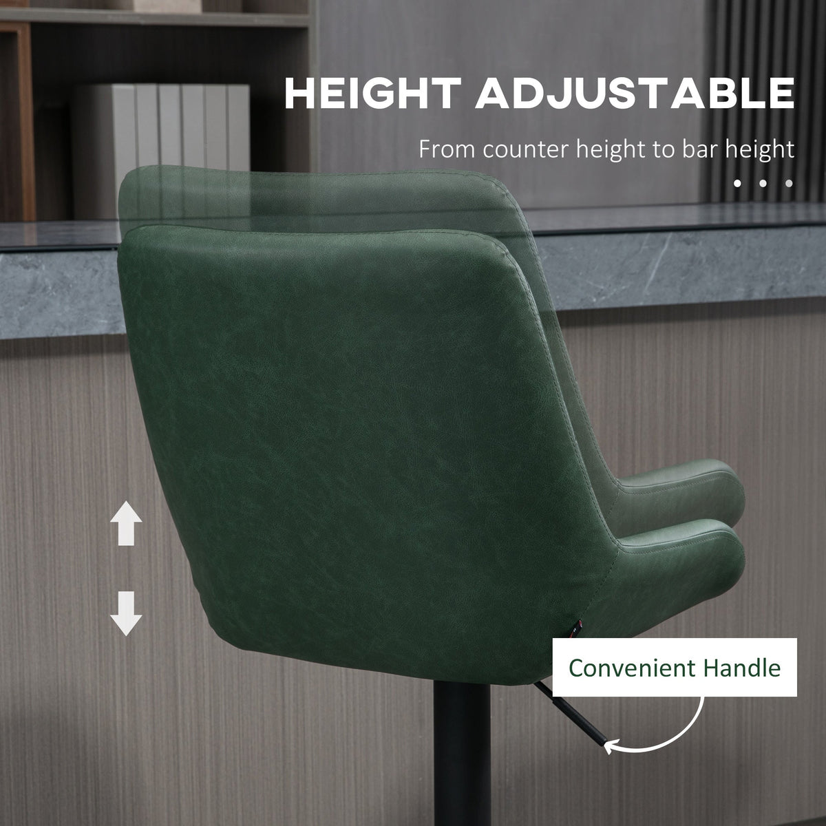 HOMCOM Retro Bar Stools Set of 2, Adjustable Kitchen Stool, Upholstered Bar Chairs with Back, Swivel Seat, Green
