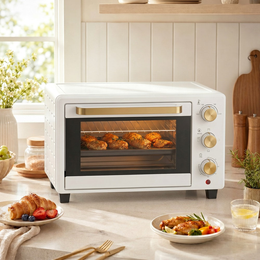 HOMCOM 21L Mini Countertop Oven, the small kitchen appliance on a kitchen counter with croissants and chicken legs