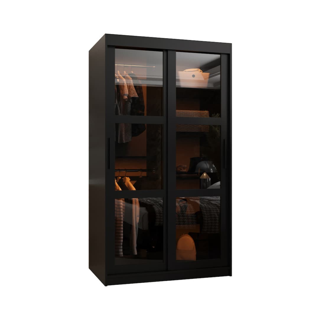 The black sliding door wardrobe with glass doors showing clothes inside