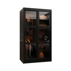 The black sliding door wardrobe with glass doors showing clothes inside