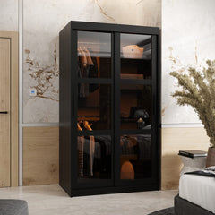 The sliding door wardrobe in black with mirrored doors and internal shelves
