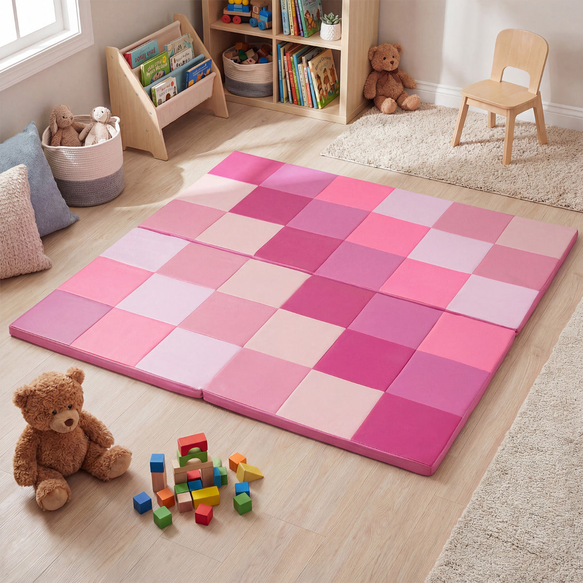 Foldable Patchwork Toddler Activity Mat with Waterproof Faux Leather-Pink