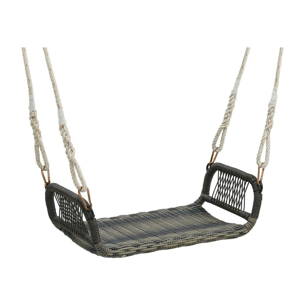 Patio Backless Rattan Swing Bench with Hanging Ropes, a grey and black woven seat with thick white ropes attached