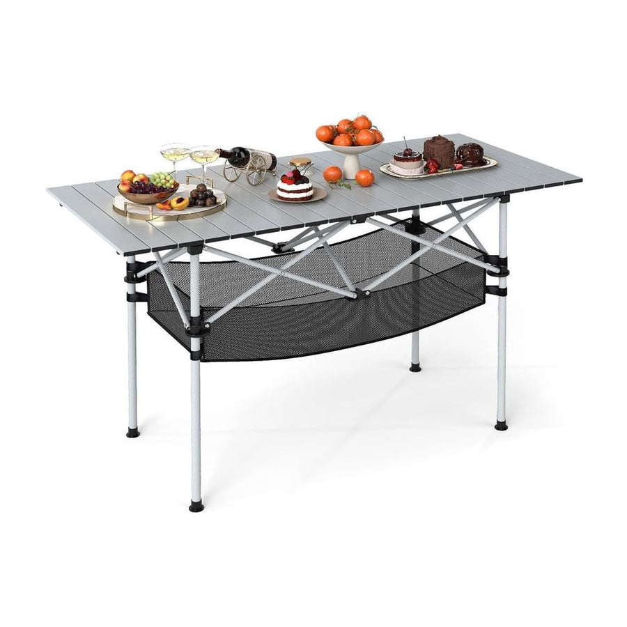 Patio Folding Camping Table with silver roll-up aluminum tabletop and black mesh storage underneath