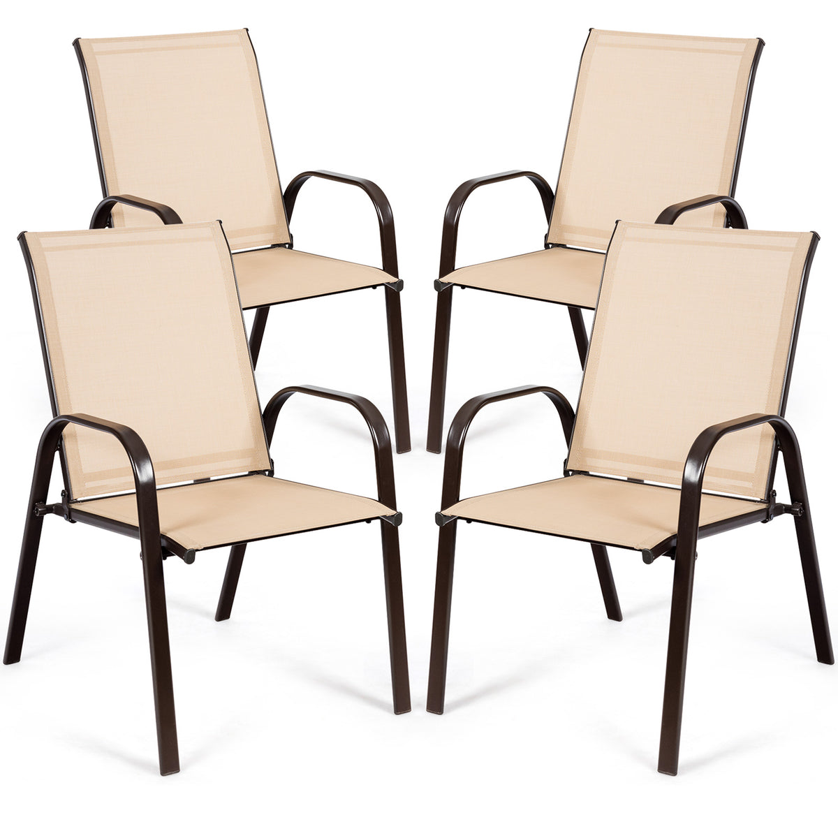 Patio Outdoor Camping Chairs Set of 4 with Breathable Fabric in Beige