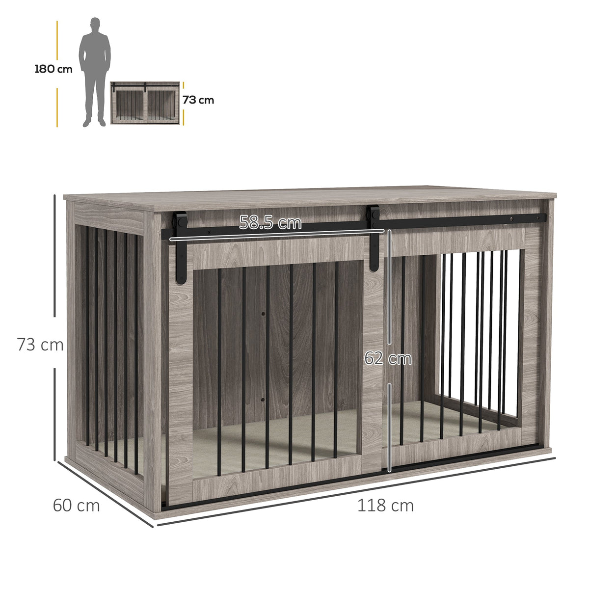 Dog crate furniture with dimensions labelled in centimetres