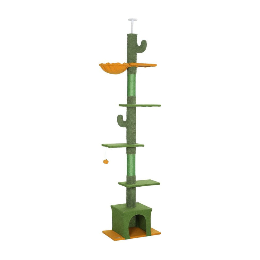 PawHut 230-275cm Floor-to-Ceiling Adjustable Cat Tree with Scratching Posts, Hammock