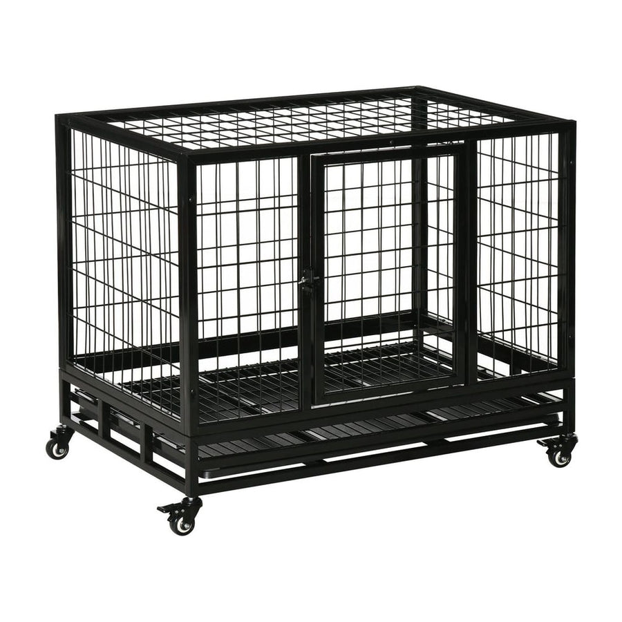 PawHut 36" Heavy Duty Metal Dog Crate Pet Cage with Tray Wheeled Dog Kennel - Black (Medium)