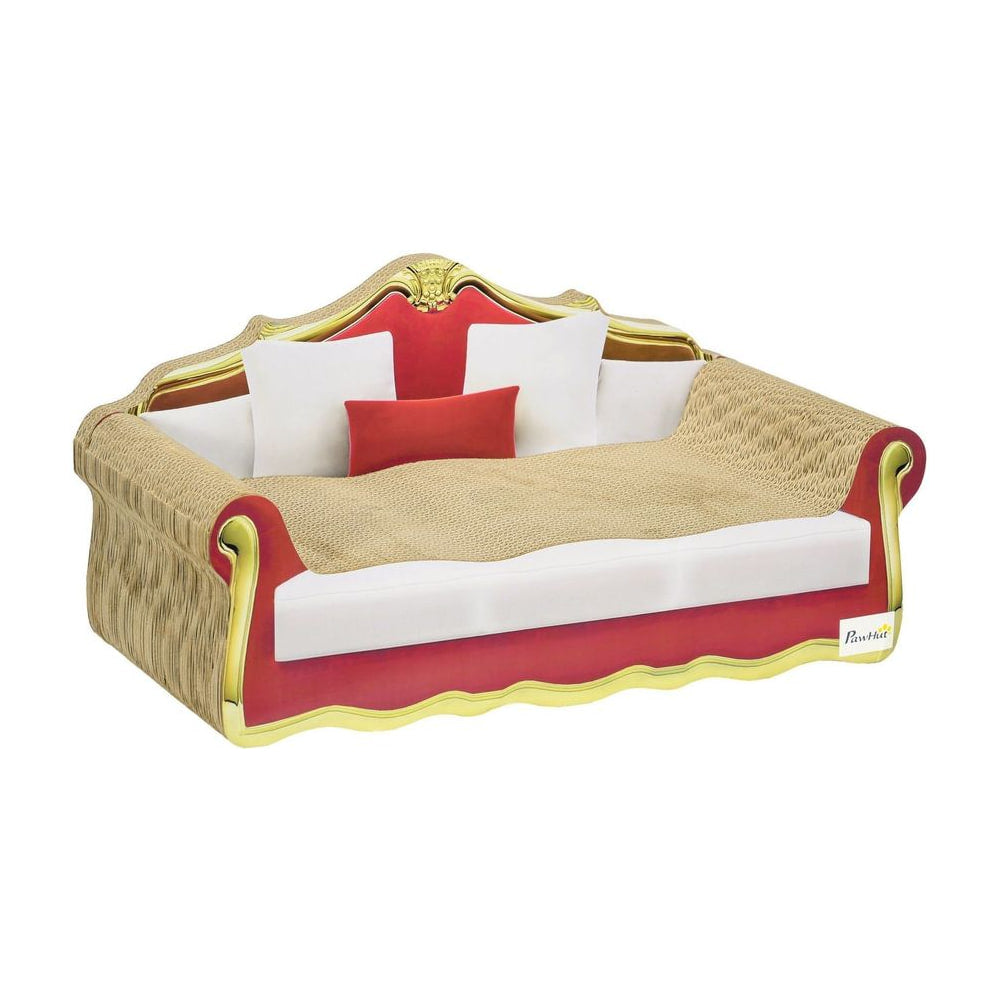 PawHut Cat Cardboard Scratcher, a miniature sofa bed for cats with red and gold trim