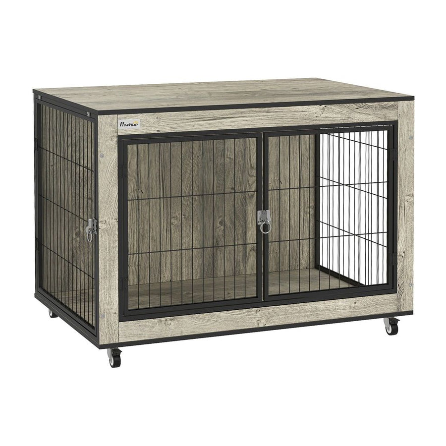 PawHut Dog Crate Furniture with Wheels, Double Doors, for Medium Dogs, Grey