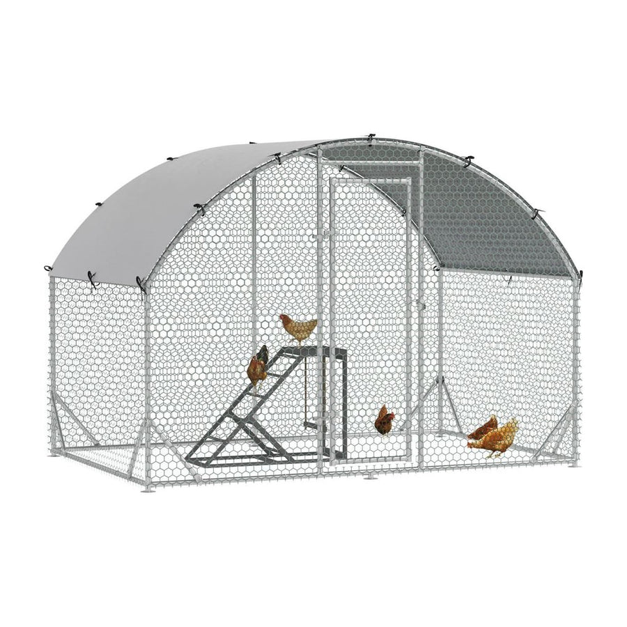 PawHut Walk-In Chicken Run, Metal Chicken Coop with Cover, Outdoor Hen Poultry House Cage with Chicken Activity Shelf, for