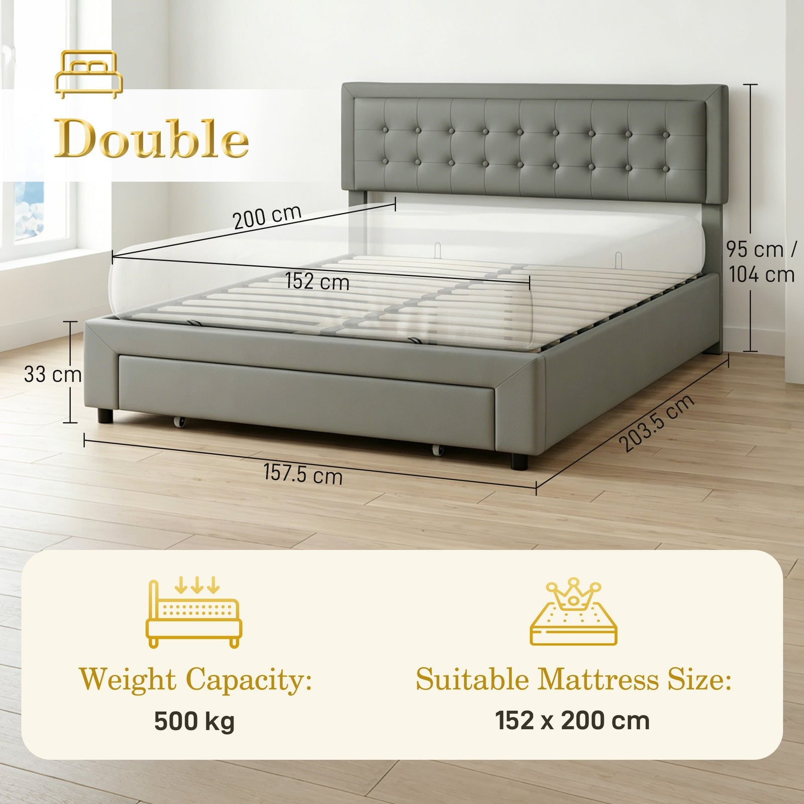 HOMCOM King Size Ottoman Bed Frame, with Front Drawer - Grey