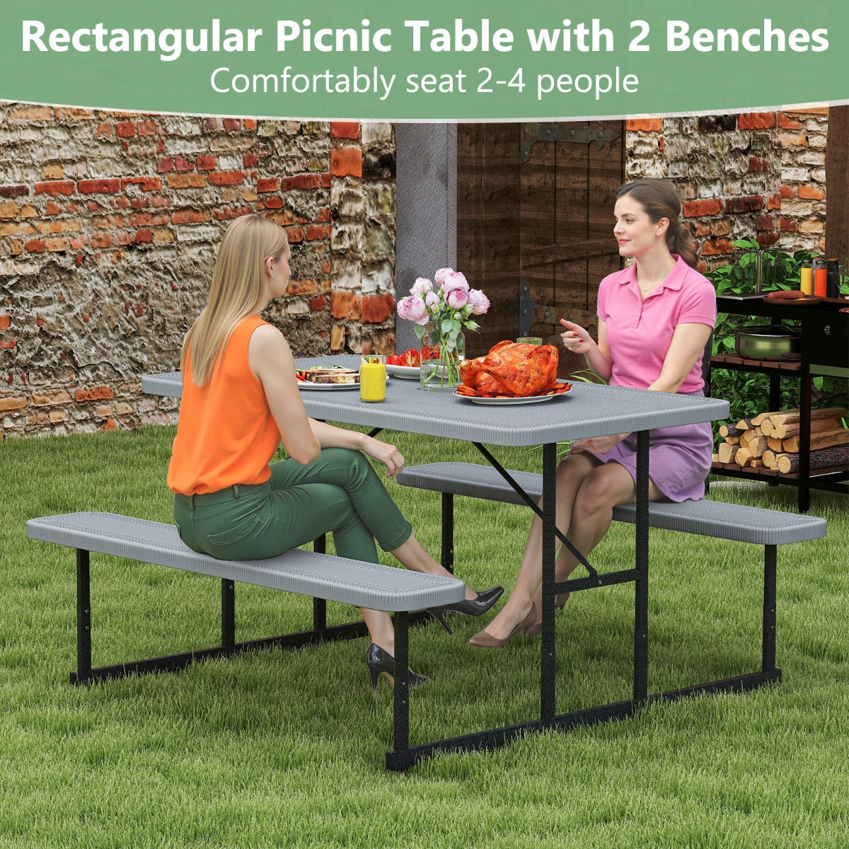 Outdoor Rectangular Camping Dining Table and 2 Benches with Umbrella Hole-Grey