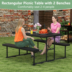 Outdoor Rectangular Camping Dining Table and 2 Benches with Umbrella Hole-Black