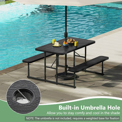 Outdoor Rectangular Camping Dining Table and 2 Benches with Umbrella Hole-Black