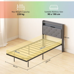 Upholstered single size bed frame with dimensions shown