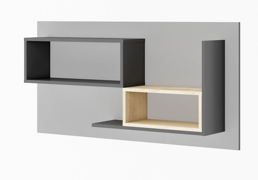 Pok PO-10 Wall Shelf 120cm with two grey boxes and one light wood box