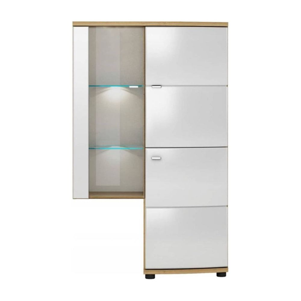 Polo 33 Display Cabinet with white doors and a glass door showing illuminated shelves