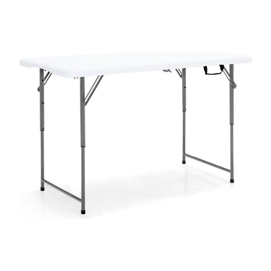 Portable Bi-fold Picnic Table with 3-Level Height Adjustment set up with metal legs