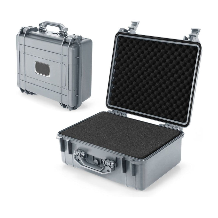 Portable Grey Waterproof Hard Case shown both closed and open with foam inserts