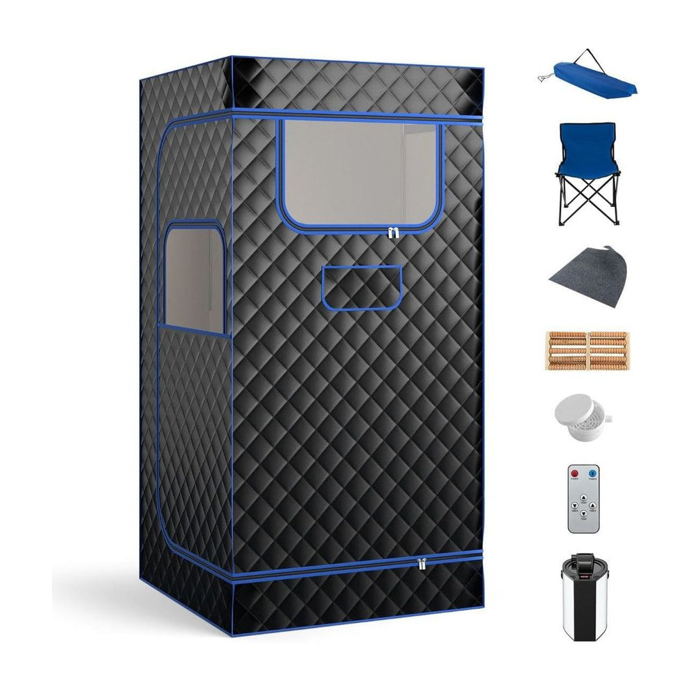 Portable Steam Sauna for Home with 3L Steam Generator in black with blue trim, shown with accessories
