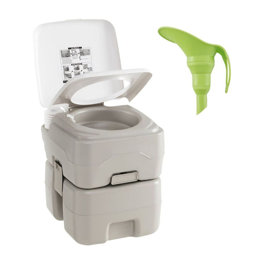 Portable Toilet with 20 L Waste Tank and Flush Pump, a grey and white portable camping toilet with a green funnel accessory