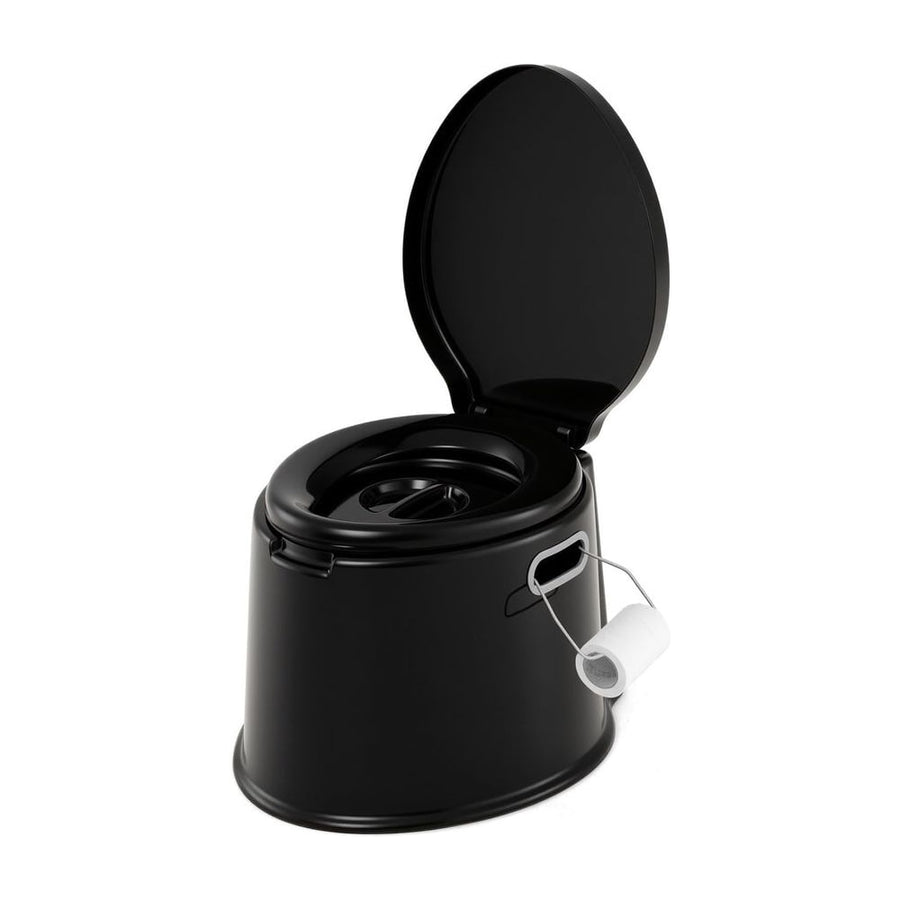 Portable Travel Toilet in black with the lid open and a paper roll attached to the side holder