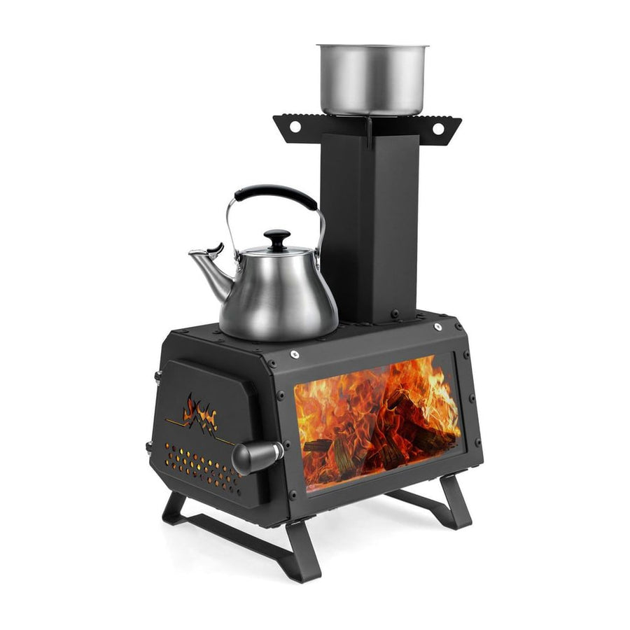 Portable Wood Burning Stove with 2 Cooking Positions featuring a kettle and a pot on top