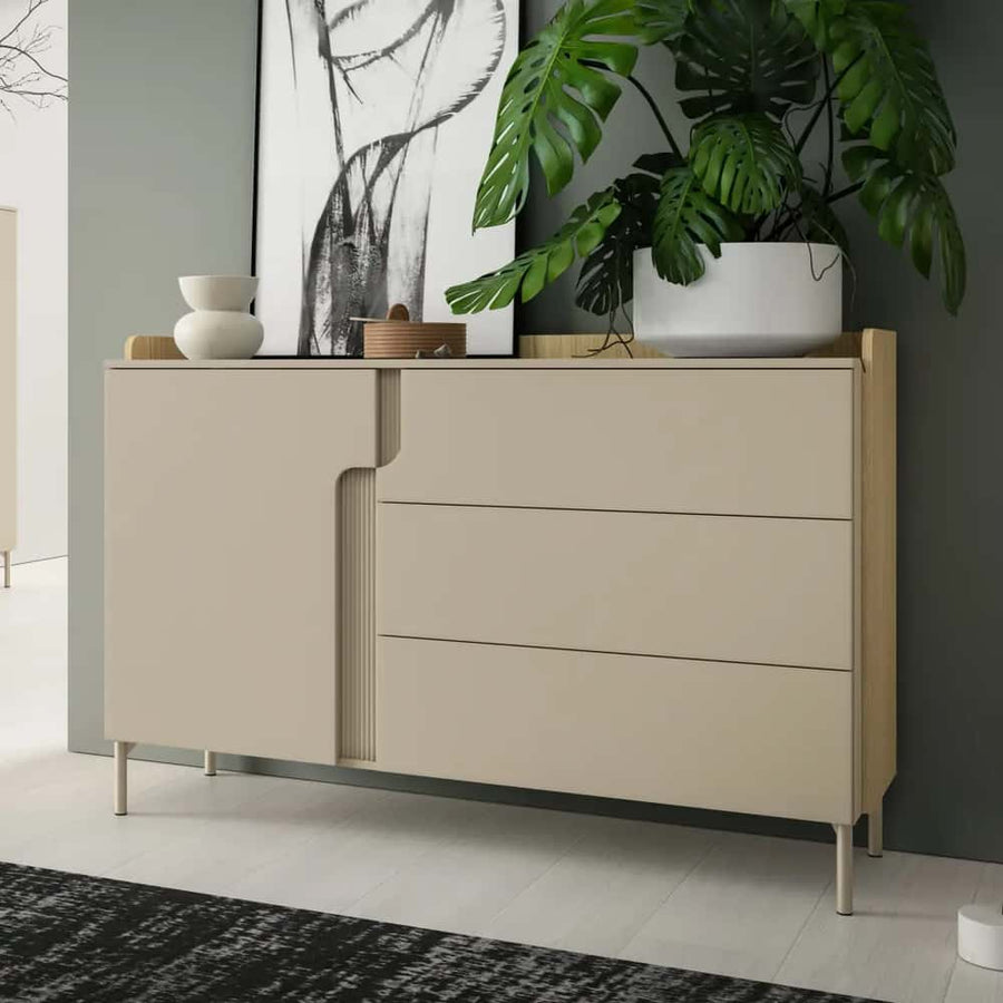 Positano PO7 Chest Of Drawers 143cm in a neutral cream colour with wooden accents and thin metal legs