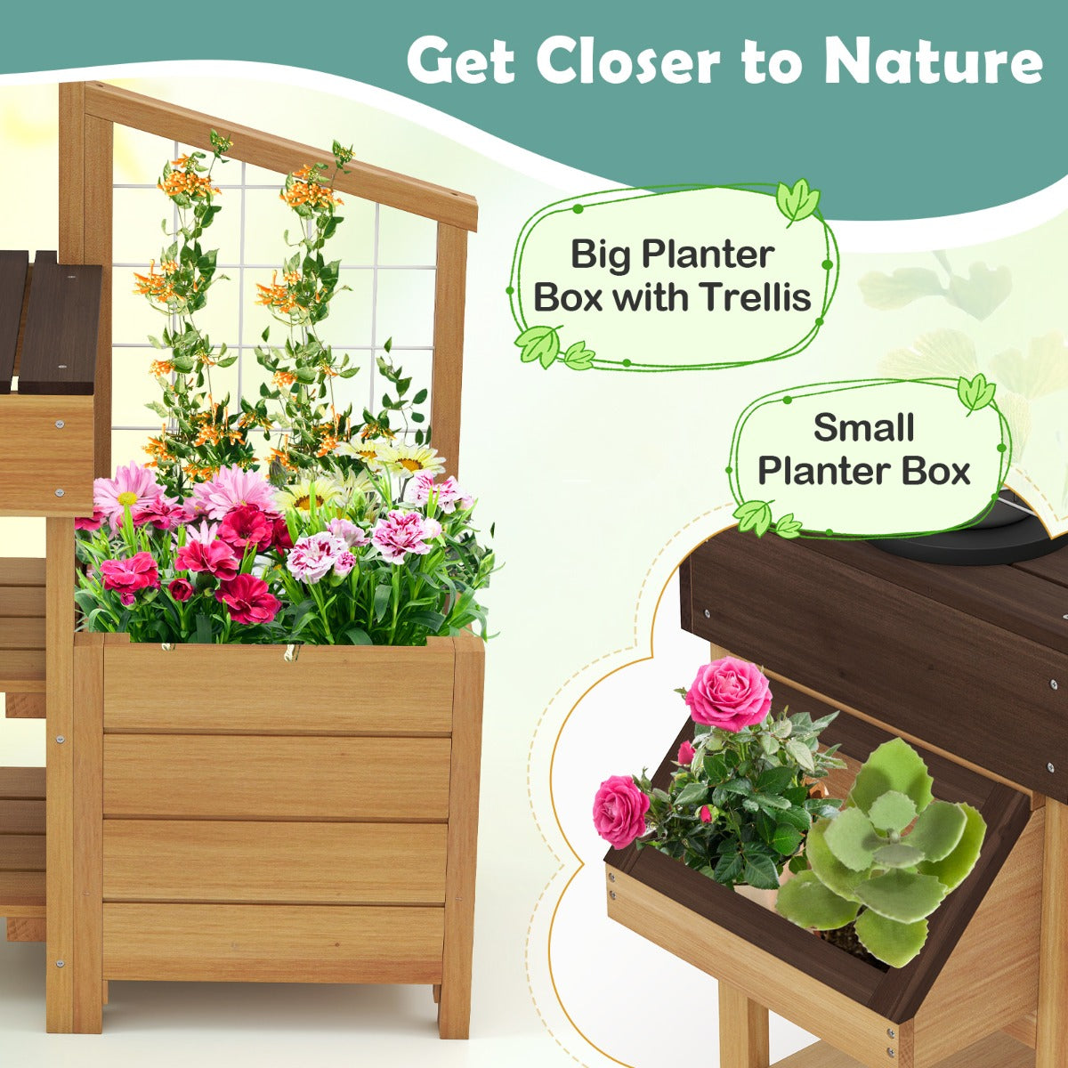 Pretend Mud Kitchen Play Kitchen with Removable Sink and Planter Boxes-Brown