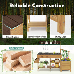 Pretend Mud Kitchen Play Kitchen with Removable Sink and Planter Boxes-Brown