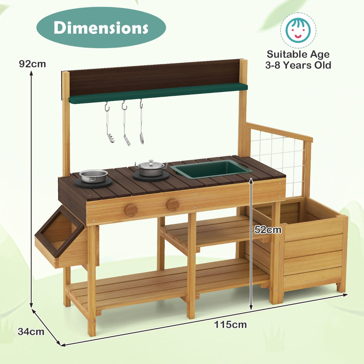 Pretend Mud Kitchen Play Kitchen with Removable Sink and Planter Boxes-Brown