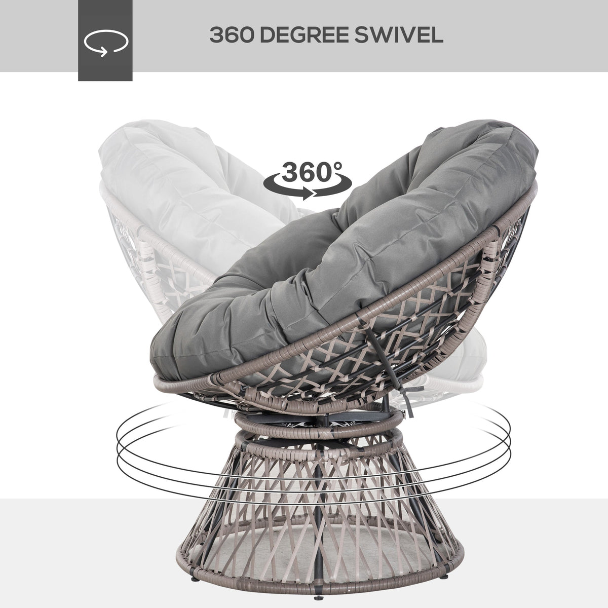 Outsunny 360 degrees Swivel Rattan Papasan Moon Bowl Chair Round Lounge Garden Wicker Basket Seat with Padded Cushion Oversized for Outdoor Indoor, Grey