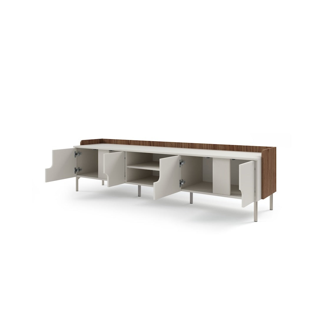 The TV cabinet with dark wood effect top, doors open
