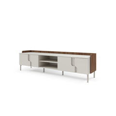 TV cabinet with dark wood effect top and light doors