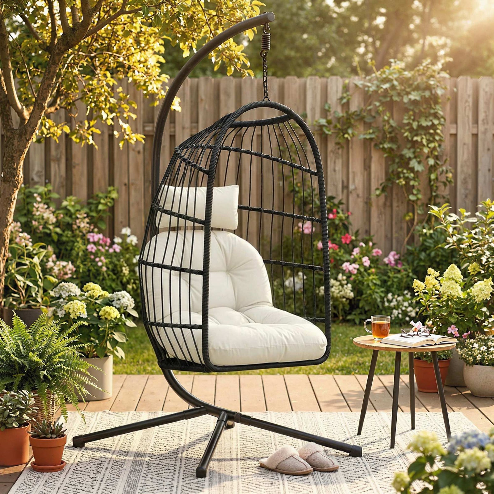 Outsunny Hanging Egg Chair, Indoor Outdoor Hammock Swing Chair with Stand, Safety Strap, Foldable Basket, Black/Cream White