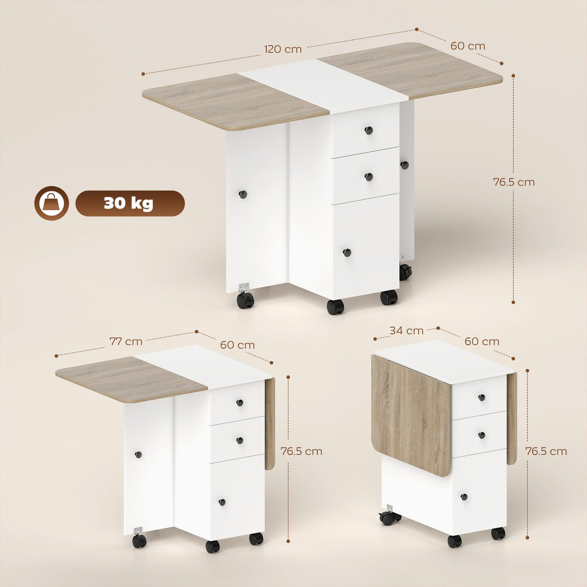HOMCOM Multi-Storage Six-Person Drop Leaf Dining Table - Oak and White