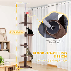 PawHut Floor to Ceiling Cat Tree 230-260cm Height Adjustable, 5-Tier Cat Tower with Scratching Posts, Hammock, Perches, Climbing Activity Centre for Indoor Kittens Playing and Relaxing, Brown