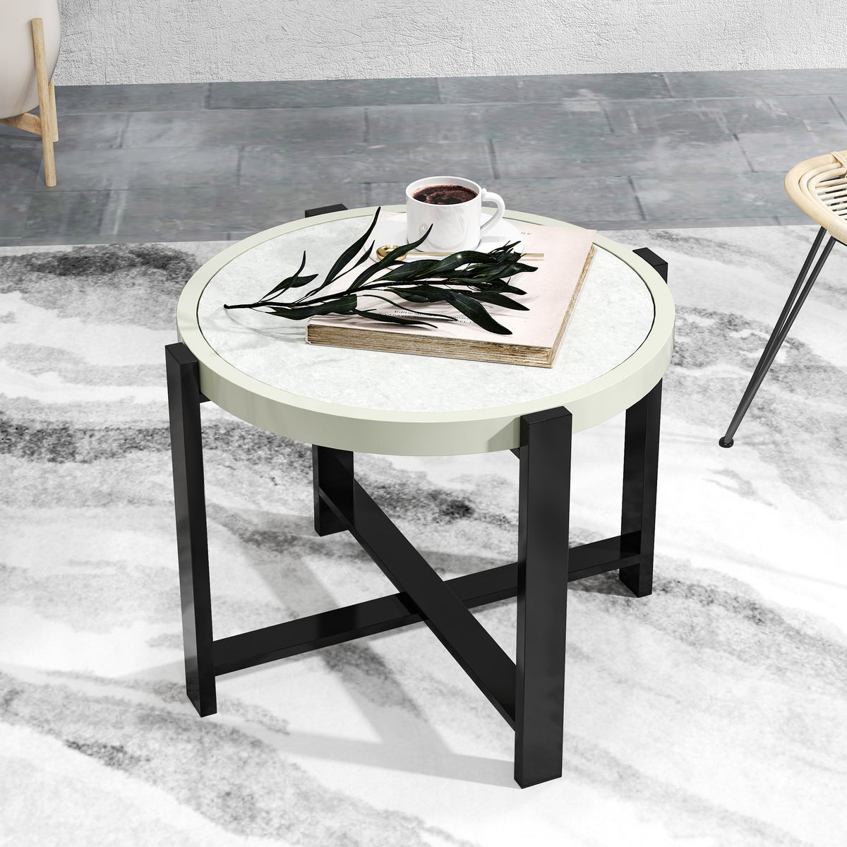 Outsunny Round Small Garden Table, 60cm Outdoor Side Table with Faux Marble Tempered Glass Top, Aluminium Frame for Garden, Patio, Balcony, Light Grey