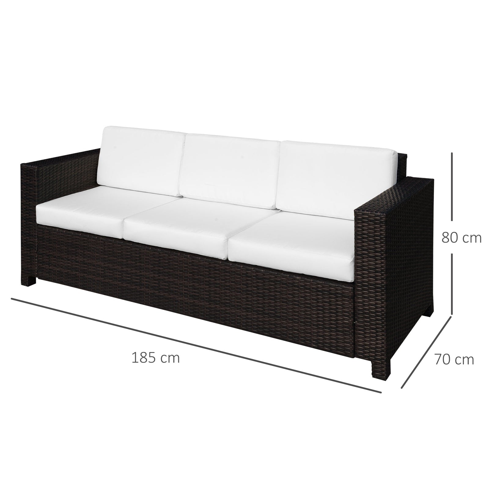 Outsunny 3 Seater Rattan Sofa, All-Weather Wicker Weave Metal Frame Chair with Fire Resistant Cushion, Brown