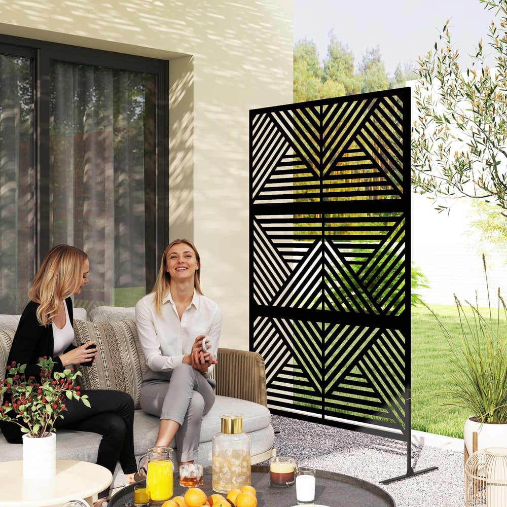 Outsunny Decorative Garden Privacy Screen with Stand, 6.5FT Freestanding Metal Outdoor Divider, Decorative Privacy Panel with