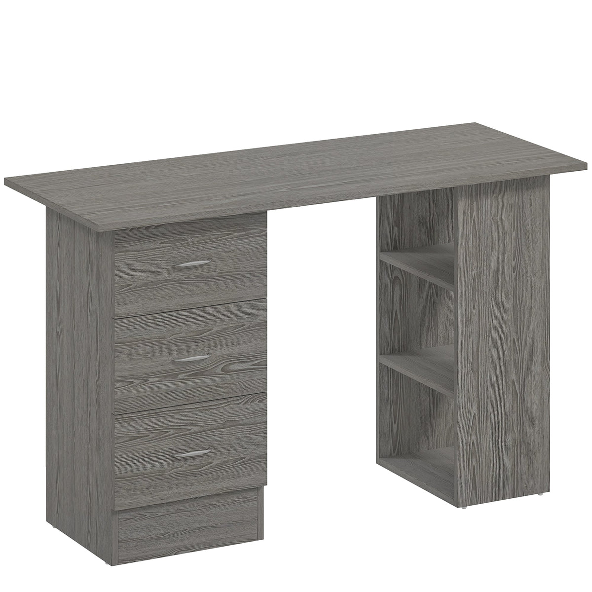 HOMCOM Computer Desk, Writing Table, PC Workstation with 3 Storage Shelves and Drawers, Silver Handle, for Home Office, Grey
