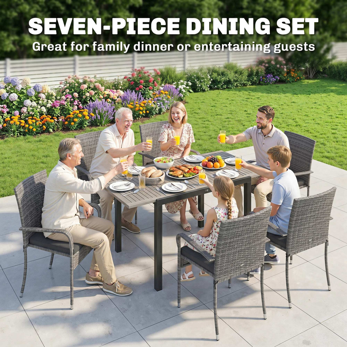 Outsunny 7 Piece Rattan Garden Furniture Set, 6 Seater Garden Table and 6 Stackable Chairs with Extendable Acacia Wood Tabletop
