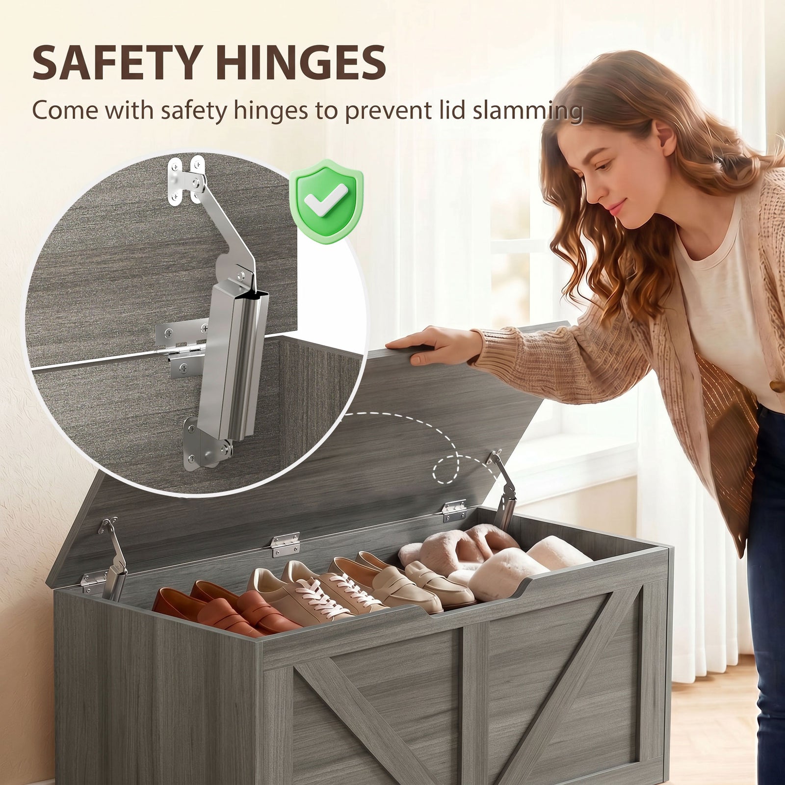 HOMCOM 127L Home Storage Box, with Safety Hinges - Dark Grey Wood-Effect