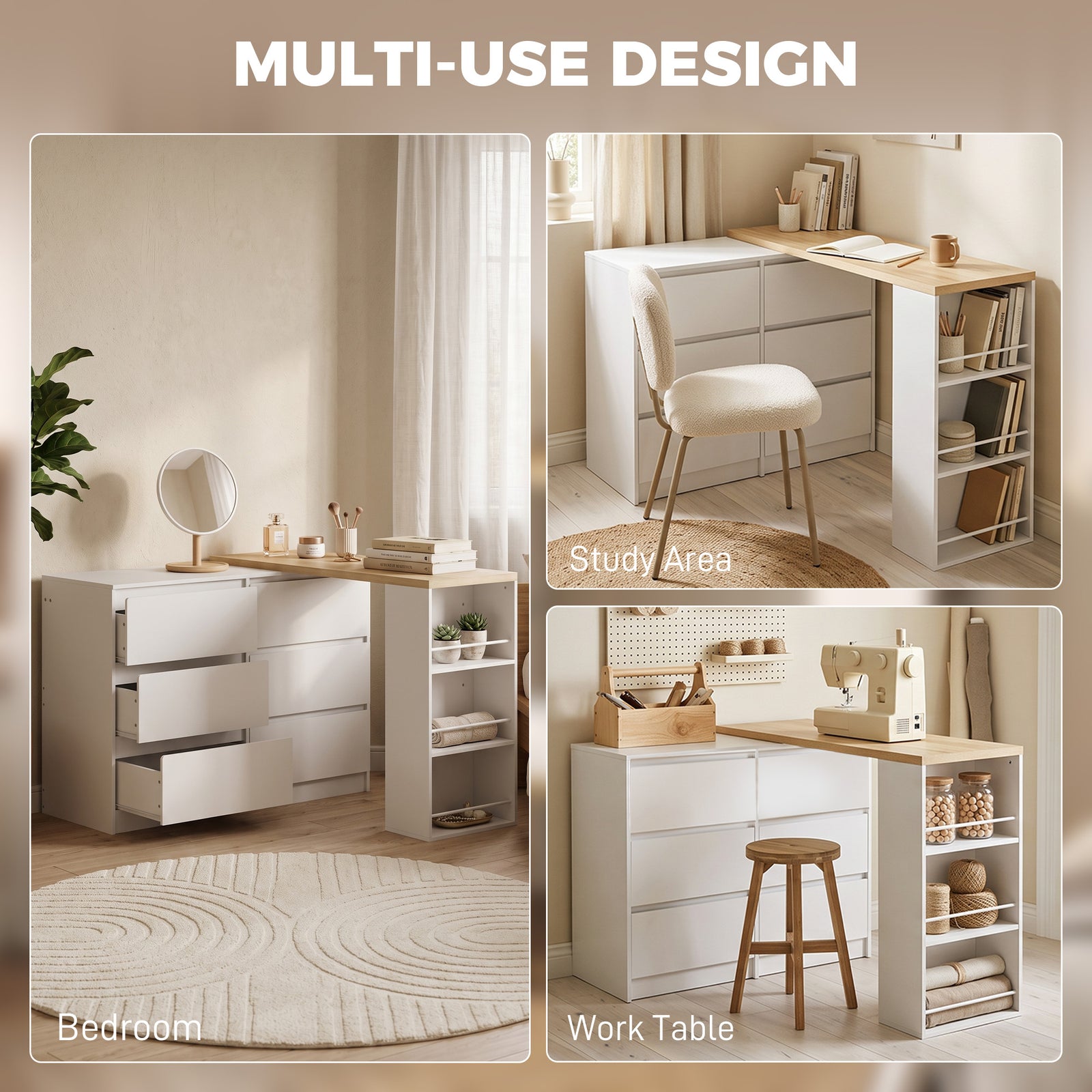 HOMCOM Vanity Table, Dressing Table with 6 Drawers and 3-Tier Shelf for Women and Girls, White