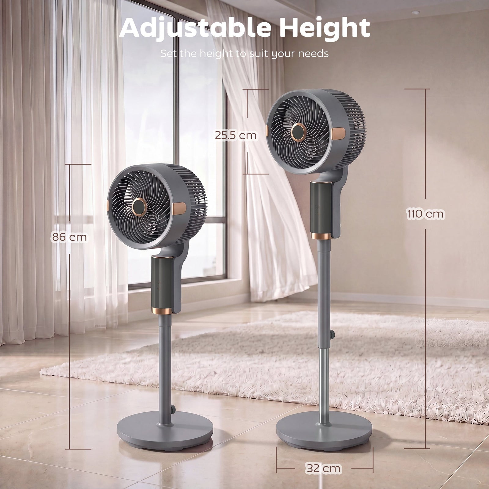 HOMCOM 20 dB Silent Standing Fan for Bedroom, 44" Pedestal Fan with 90° Oscillating, 8 Speeds and LED Light, Grey