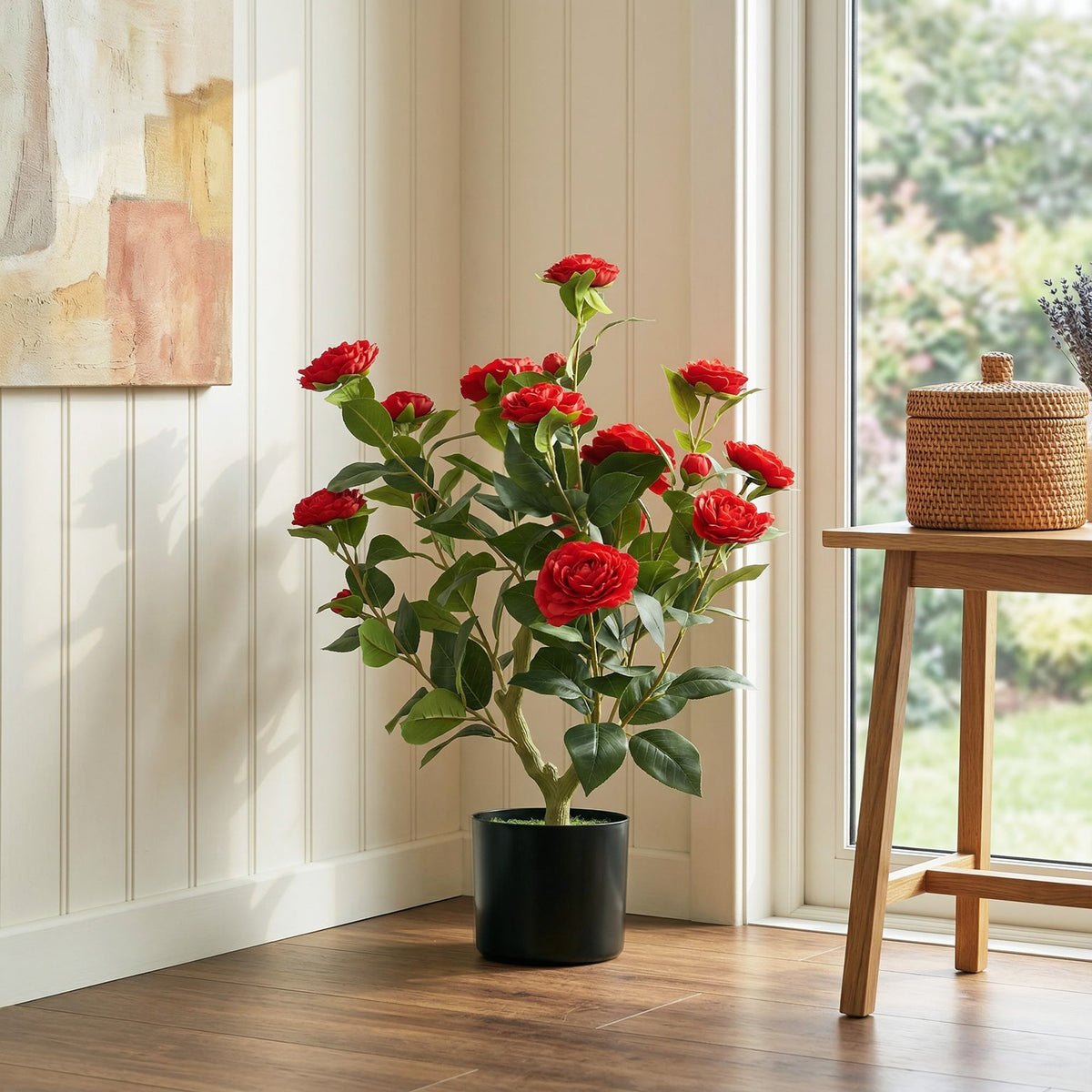 HOMCOM 65cm Artificial Camellia Flower Plant in Pot with 116 Lush Leaves & Moss Effect, Red