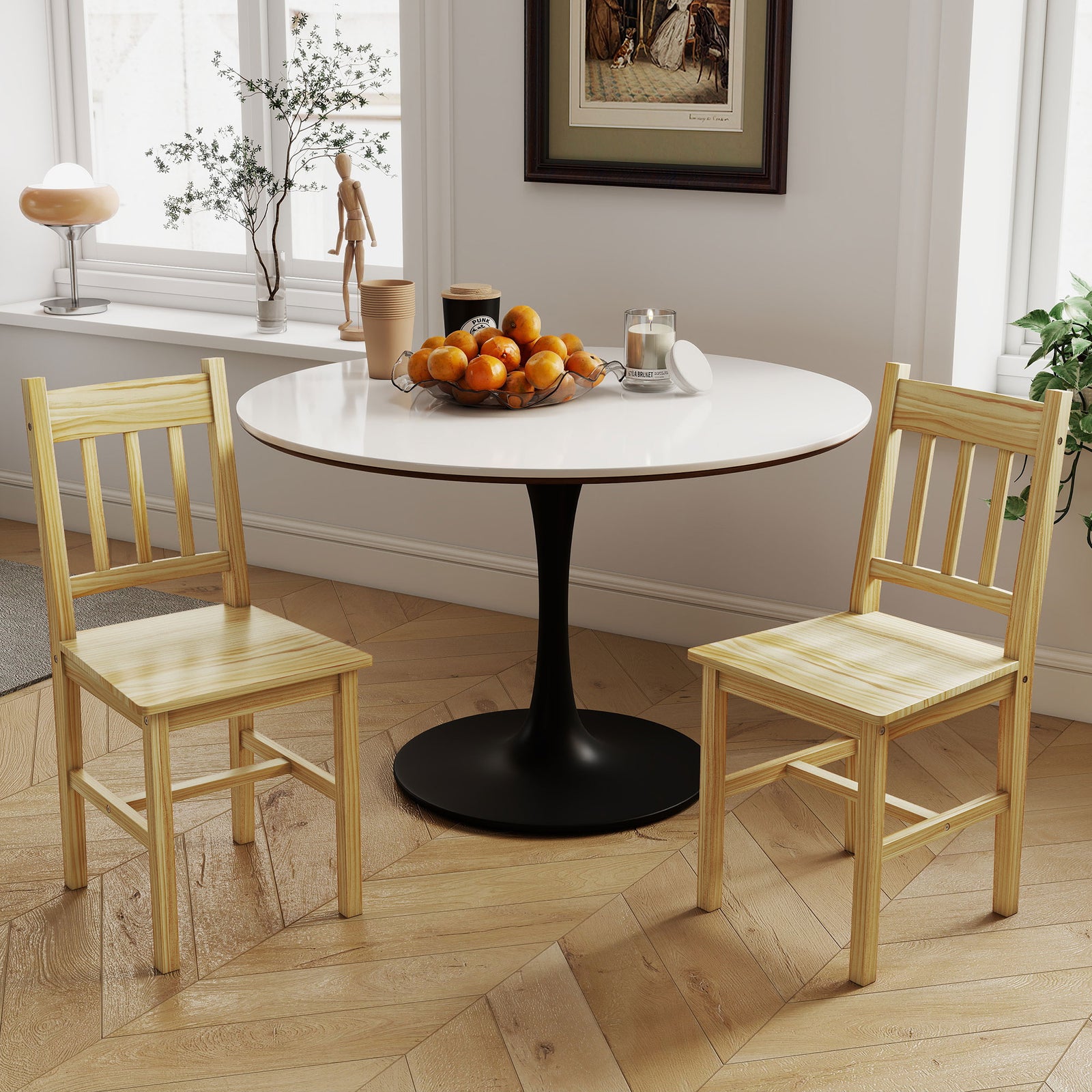 HOMCOM Dining Chairs Set of 2, Kitchen Chair with Slat Back, Pine Wood Structure for Living Room and Dining Room, Natural